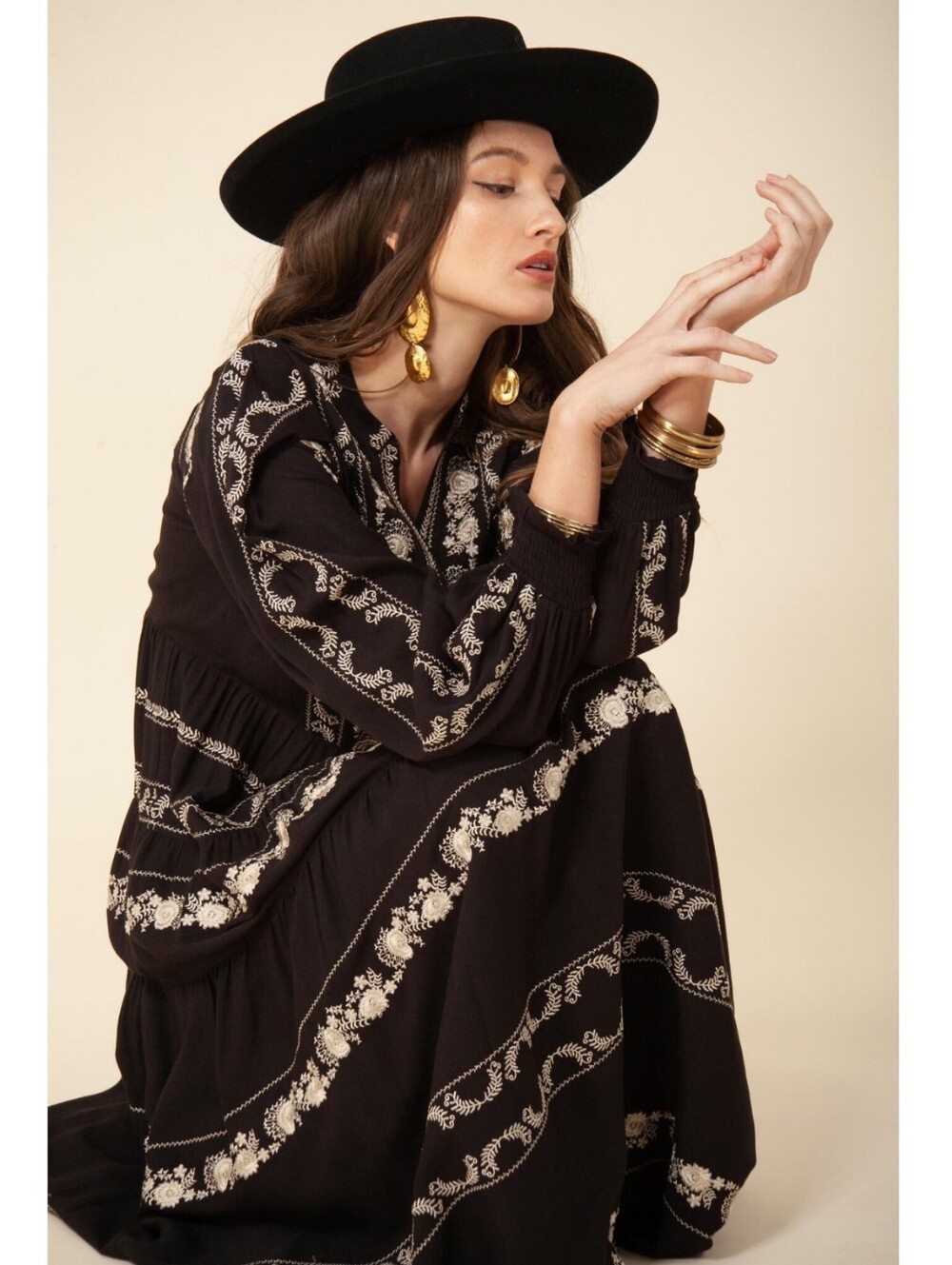 HALE BOB | Luna Embroidered Maxi Dress Black Cotton Long-Sleeve Large - Picture 4 of 6